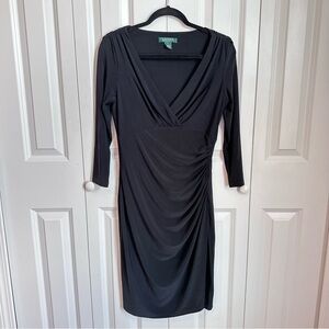 Lauren Ralph Black Sheath Dress with Ruched Wrap Design